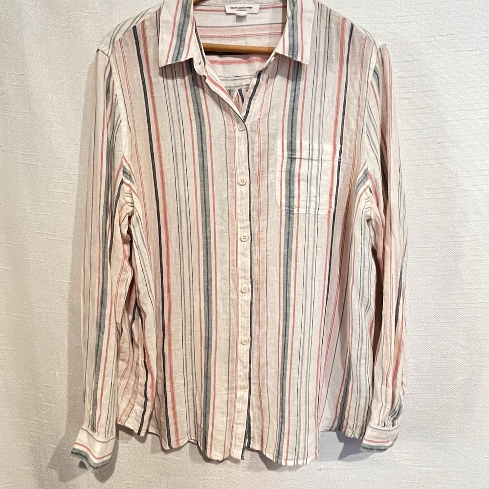 Beach Lunch Lounge Shirt Women XL Striped‎ Long Sleeve Linen Coastal Cowgirl